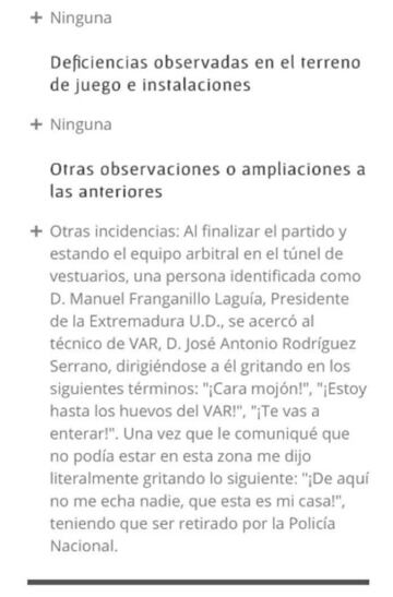 Acta del Extremadura - Ponferradina en el apartado 'Otras incidencias'.