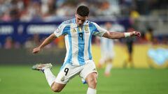 Soccer Football - Copa America 2024 - Semi Final - Argentina v Canada - MetLife Stadium, East Rutherford, New Jersey, United States - July 9, 2024 Argentina's Julian Alvarez shoots at goal REUTERS/Agustin Marcarian