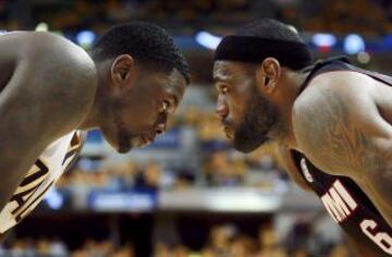 Pacers 99 - Heat 92 (2-2). LeBron James de Miami frente a Lance Stephenson de los Indiana.