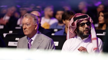 Boxing - Skye Nicolson v Raven Chapman - Kingdom Arena, Riyadh, Saudi Arabia - October 12, 2024 Chairman of Saudi Arabia's General Entertainment Authority, Turki Al-Sheikh and promoter Frank Warren are seen during the fight between Skye Nicolson and Raven Chapman REUTERS/Hamad I Mohammed