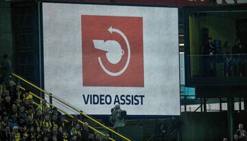 The logo of the video assistant referee (VAR) on a screen during the German first division Bundesliga football match Borussia Dortmund v FC Cologne in Dortmund.