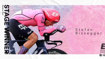 Montaje fotográfico del equipo EF Education tras la victoria de su corredor Stefan Bissegger.