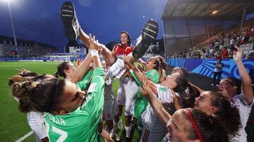 The young Spaniards celebrate after their World Cup semi-final win over France.