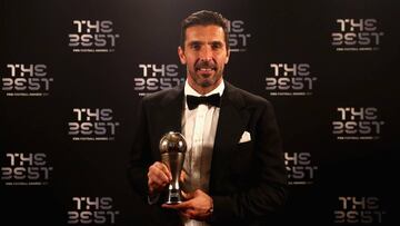 LONDON, ENGLAND - OCTOBER 23:  Gianluigi Buffon poses with his award after being included in the team of the year during The Best FIFA Football Awards at The London Palladium on October 23, 2017 in London, England.  (Photo by Alexander Hassenstein - FIFA/FIFA via Getty Images)