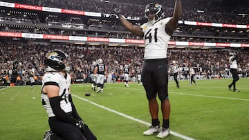 LAS VEGAS, NEVADA - NOVEMBER 02: Josh Hines-Allen #41 of the Jacksonville Jaguars and Andrew Wingard #42 react after defeating the Las Vegas Raiders in the game at Allegiant Stadium on November 02, 2025 in Las Vegas, Nevada. Ian Maule/Getty Images/AFP (Photo by Ian Maule / GETTY IMAGES NORTH AMERICA / Getty Images via AFP)