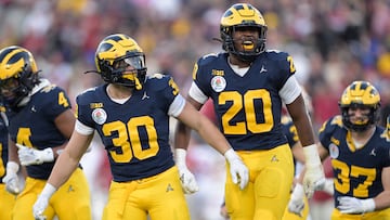 Jan 1, 2024; Pasadena, CA, USA; Michigan Wolverines players celebrate after a kickoff return against the Alabama Crimson Tide