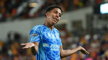 Jul 29, 2025; Houston, Texas, USA; UANL Tigres forward Ozziel Herrera (77) celebrates a goal against the Houston Dynamo in the second half at Shell Energy Stadium. Mandatory Credit: Sean Thomas-Imagn Images