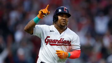 CLEVELAND, OH - JUNE 08: Jose Ramirez #11 of the Cleveland Guardians celebrates after hitting a solo home run off Corey Kluber #28 of the Boston Red Sox during the sixth inning at Progressive Field on June 08, 2023 in Cleveland, Ohio. Ron Schwane/Getty Images/AFP (Photo by Ron Schwane / GETTY IMAGES NORTH AMERICA / Getty Images via AFP)