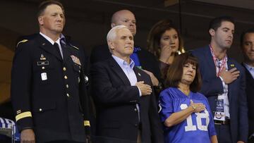 Vice President Mike Pence stands during the playing of the national anthem before an NFL football game between the Indianapolis Colts and the San Francisco 49ers, Sunday, Oct. 8, 2017, in Indianapolis. (AP Photo/Michael Conroy)