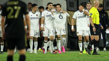 May 23, 2023; Los Angeles, CA, USA; Los Angeles Galaxy midfielder Riqui Puig (6) celebrates after scoring a goal during the second half against the Los Angeles FC at BMO Stadium. Mandatory Credit: Kiyoshi Mio-USA TODAY Sports