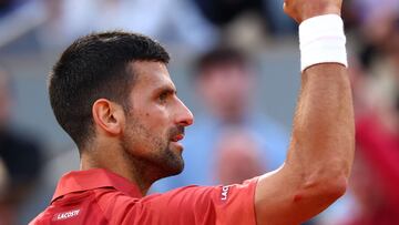 (FILES) Serbia's Novak Djokovic reacts after a game during his men's singles round of sixteen match against Argentina's Francisco Cerundolo on Court Philippe-Chatrier on day nine of the French Open tennis tournament at the Roland Garros Complex in Paris on June 3, 2024. Serbia Olympic Committee announced on June 18, 2024 that Novak Djokovic is set to play at Paris Games. (Photo by Emmanuel Dunand / AFP)