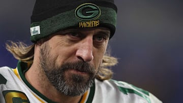 BALTIMORE, MARYLAND - DECEMBER 19: Aaron Rodgers #12 of the Green Bay Packers smiles as he walks off the field after their game against the Baltimore Ravens at M&amp;T Bank Stadium on December 19, 2021 in Baltimore, Maryland.   Patrick Smith/Getty Images/