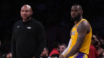 Oct 20, 2022; Los Angeles, California, USA; Los Angeles Lakers coach Darvin Ham (left) and forward LeBron James (6) react in the fourth quarter against the LA Clippers at Crypto.com Arena. The Clippers defeated the Lakers 103-97. Mandatory Credit: Kirby Lee-USA TODAY Sports