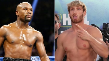 (COMBO) This combination of pictures created on April 27, 2021 shows Floyd Mayweather Jr. (L) looks on while taking on Marcos Maidana during their WBC/WBA welterweight title fight at the MGM Grand Garden Arena in Las Vegas, Nevada on September 13, 2014 an