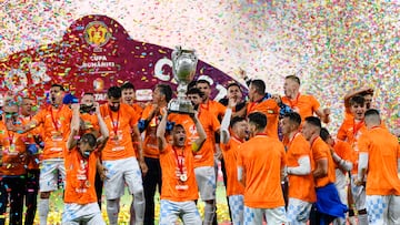 Corvinul Hunedoara and Otelu Galati are disputing the Romania Cup final at Municipal Sibiu Stadium in Sibiu, Romania, on May 15, 2024 (Photo by Flaviu Buboi/NurPhoto via Getty Images).