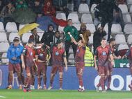 Los jugadores del Deportivo celebran el 1-2 en Córdoba.