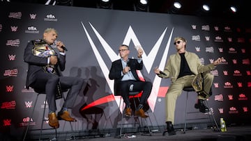JEDDAH, SAUDI ARABIA - MAY 23: Cody Rhodes speaks with Michael Cole and Logan Paul during King and Queen of the Ring Press Event at Jeddah Superdome on May 23, 2024 in Jeddah, Saudi Arabia. (Photo by WWE/Getty Images)
