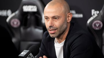 Newly appointed Inter Miami head coach Javier Mascherano speaks during a press conference, at Chase Stadium in Fort Lauderdale, Florida, U.S., December 3, 2024. REUTERS/Marco Bello