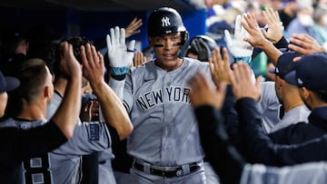 TORONTO, CANADA - SEPTEMBER 27: Aaron Judge #99 of the New York Yankees celebrates a two-run home run in the fourth inning of their MLB game against the Toronto Blue Jays at Rogers Centre on September 27, 2023 in Toronto, Canada.   Cole Burston/Getty Images/AFP (Photo by Cole Burston / GETTY IMAGES NORTH AMERICA / Getty Images via AFP)