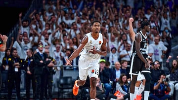 Theo Maledon celebra un triple clave, a falta de un minuto del final, para la victoria del Real Madrid ante el Partizán.