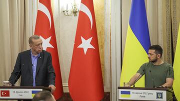 Ukrainian President Volodymyr Zelenskiy and Turkish President Tayyip Erdogan attend a joint news conference following their meeting in Lviv, Ukraine August 18, 2022. REUTERS/Gleb Garanich