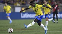 Vinicius Jr. #19 of Brazil kicks the ball in the 2019 International Champions Cup match against Peru on September 10, 2019 in Los Angeles