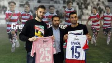 Jesús Fernandez y David Barral posan junto a Juan Carlos Cordero en su presentación como nuevos jugadores del Granada.
