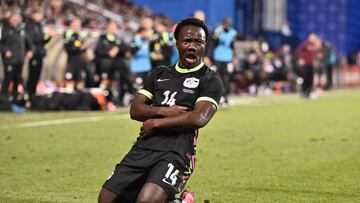 MONTREAL, QUEBEC - OCTOBER 10: Nestory Irankunda of Australia celebrates after scoring the team's first goal during the International Friendly match between Canada and Australia at Stade Saputo on October 10, 2025 in Montreal, Quebec. Minas Panagiotakis/Getty Images/AFP (Photo by Minas Panagiotakis / GETTY IMAGES NORTH AMERICA / Getty Images via AFP)