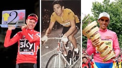 Chris Froome, Eddy Merckx y Alberto Contador, tres corredores que han ganado Giro de Italia, Tour de Francia y Vuelta a Espa&ntilde;a.