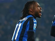 Bergamo (Italy), 06/12/2024.- Atalanta's Ademola Lookman celebrates after scoring the 2-1 goal during the Italian Serie A soccer match between Atalanta BC and AC Milan, in Bergamo, Italy, 06 December 2024. (Italia) EFE/EPA/MICHELE MARAVIGLIA