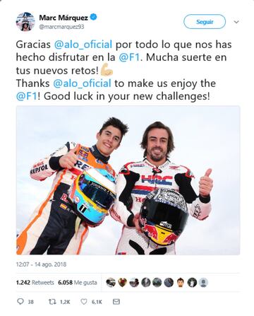 El piloto de motociclismo Marc Márquez sube una foto con él piloto y le desea suerte en sus nuevos retos.