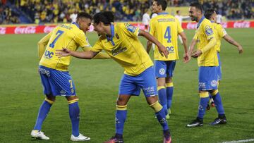 Los jugadores del Las Palmas celebran el tanto de Boateng. 