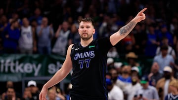 DALLAS, TEXAS - MAY 03: Luka Doncic #77 of the Dallas Mavericks reacts during the fourth quarter against the Los Angeles Clippers in Game Six of the Western Conference First Round Playoffs at American Airlines Center on May 03, 2024 in Dallas, Texas. NOTE TO USER: User expressly acknowledges and agrees that, by downloading and/or using this Photograph, user is consenting to the terms and conditions of the Getty Images License Agreement.   Ron Jenkins/Getty Images/AFP (Photo by Ron Jenkins / GETTY IMAGES NORTH AMERICA / Getty Images via AFP)