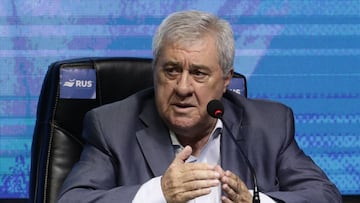 The president of Argentine club Boca Juniors, Jorge Amor Ameal, speaks during the presentation of Argentine Miguel Angel Russo (out of frame) as the new coach of Boca, at La Bombonera stadium in Buenos Aires on December 30, 2019. (Photo by Alejandro PAGNI / AFP)