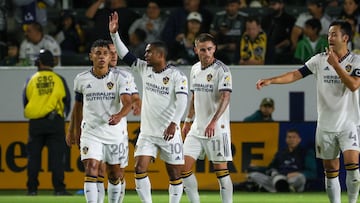 Oct 14, 2023; Carson, California, USA;  Los Angeles Galaxy forward Douglas Costa (10) gestures after his first half goal against the Real Salt Lake at Dignity Health Sports Park. Mandatory Credit: Kiyoshi Mio-USA TODAY Sports