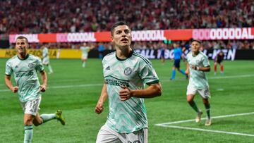 ATLANTA, GA  MAY 07:  Atlanta forward Ronaldo Cisneros (29) reacts after scoring a first-half goal during the MLS match between Chicago Fire and Atlanta United FC on May 7th, 2022 at Mercedes-Benz Stadium in Atlanta, GA.  (Photo by Rich von Biberstein/Icon Sportswire via Getty Images)