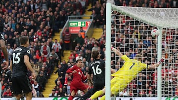 Soccer Football - Premier League - Liverpool v Arsenal - Anfield, Liverpool, Britain - April 9, 2023 Liverpool's Roberto Firmino scores their second goal REUTERS/Phil Noble EDITORIAL USE ONLY. No use with unauthorized audio, video, data, fixture lists, club/league logos or 'live' services. Online in-match use limited to 75 images, no video emulation. No use in betting, games or single club /league/player publications.  Please contact your account representative for further details.