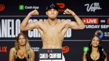 LAS VEGAS, NEVADA - SEPTEMBER 12: Super middleweight boxer Marco Verde poses on the scale during a ceremonial weigh-in at T-Mobile Arena on September 12, 2025 in Las Vegas, Nevada. Verde is scheduled to fight Sona Akale on�September 13, 2025, at Allegiant Stadium in Las Vegas. Steve Marcus/Getty Images/AFP (Photo by Steve Marcus / GETTY IMAGES NORTH AMERICA / Getty Images via AFP)
