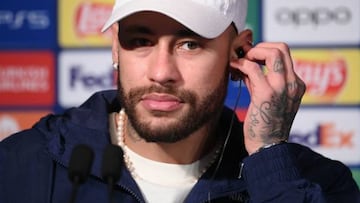 Paris Saint-Germain's Brazilian forward Neymar attends a press conference at the Parc des Princes stadium in Paris, on February 13, 2023 on the eve of the UEFA Champions League round of Last 16 First leg football match against FC Bayern Munich. (Photo by FRANCK FIFE / AFP) (Photo by FRANCK FIFE/AFP via Getty Images)