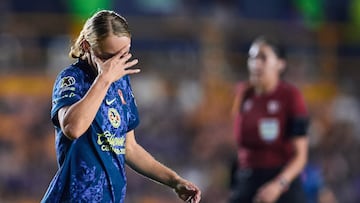 Sarah Luebbert of America during the Semifinal second leg match between Tigres UANL and America as part of the Liga BBVA MX Femenil, Torneo Apertura 2024 at Universitario Stadium on November 17, 2024 in Monterrey, Nuevo Leon, Mexico.