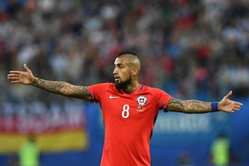 Who me? | Chile's midfielder Arturo Vidal reacts during the 2017 Confederations Cup final football match between Chile and Germany.