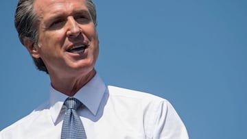 California Governor Gavin Newsom speaks during a campaign rally against his recall election with US Vice President Kamala Harris at the IBEW-NECA Joint Apprenticeship Training Center in San Leandro, California.