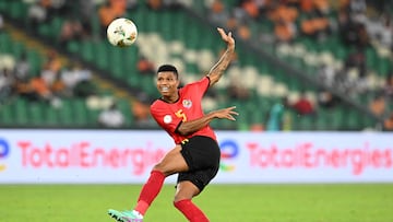 Mozambique's defender #15 Renildo Mandava kicks the ball during the Africa Cup of Nations (CAN) 2024 group B football match between Mozambique and Ghana at Alassane Ouattara Olympic Stadium in Ebimpe, Abidjan on January 22, 2024. (Photo by Issouf SANOGO / AFP)