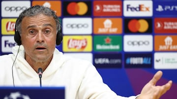 Paris Saint-Germain's Spanish headcoach Luis Enrique addresses a press conference on the eve of their UEFA Champions League quarter-final second leg football match against FC Barcelona at the Estadi Olimpic Lluis Companys in Barcelona on April 15, 2024. (Photo by FRANCK FIFE / AFP)