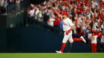 PHILADELPHIA, PENNSYLVANIA - OCTOBER 17: Kyle Schwarber #12 of the Philadelphia Phillies reacts to a sixth inning solo home run against the Arizona Diamondbacks during Game Two of the Championship Series at Citizens Bank Park on October 17, 2023 in Philadelphia, Pennsylvania.   Sarah Stier/Getty Images/AFP (Photo by Sarah Stier / GETTY IMAGES NORTH AMERICA / Getty Images via AFP)