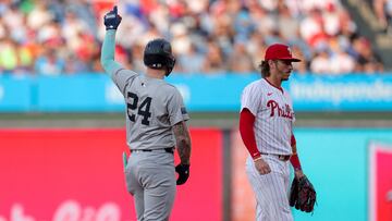 PHILADELPHIA, PENNSYLVANIA - JULY 30: Alex Verdugo #24 of the New York Yankees reacts after hitting a double against the Philadelphia Phillies in the first inning at Citizens Bank Park on July 30, 2024 in Philadelphia, Pennsylvania. Heather Barry/Getty Images/AFP (Photo by Heather Barry / GETTY IMAGES NORTH AMERICA / Getty Images via AFP)