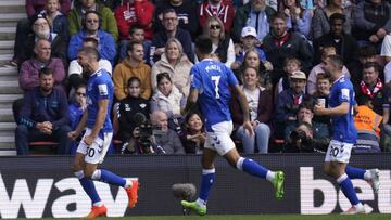 Everton's Conor Coady (left) celebrates scoring their side's first goal of the game during the Premier League match at St. Mary's Stadium, Southampton. Picture date: Saturday October 1, 2022. (Photo by Andrew Matthews/PA Images via Getty Images)