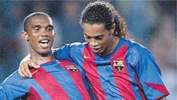 <b>DOS EN EL TRIDENTE. </b>Etoo y Ronaldinho son, con Giuly, el alma del tridente atacante de Rijkaard.