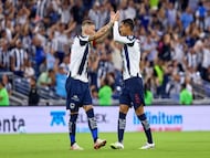 Sergio Ramos celebrates his goal 3-0 with Fidel Ambriz of Monterrey during the 6th round match between Monterrey and Necaxa as part of the Liga BBVA MX, Torneo Apertura 2025 at BBVA Bancomer Stadium, on August 23, 2025 in Monterrey, Nuevo Leon, Mexico.