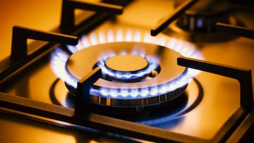 Range burner of a natural gas home stove surrounded by a blue flame.